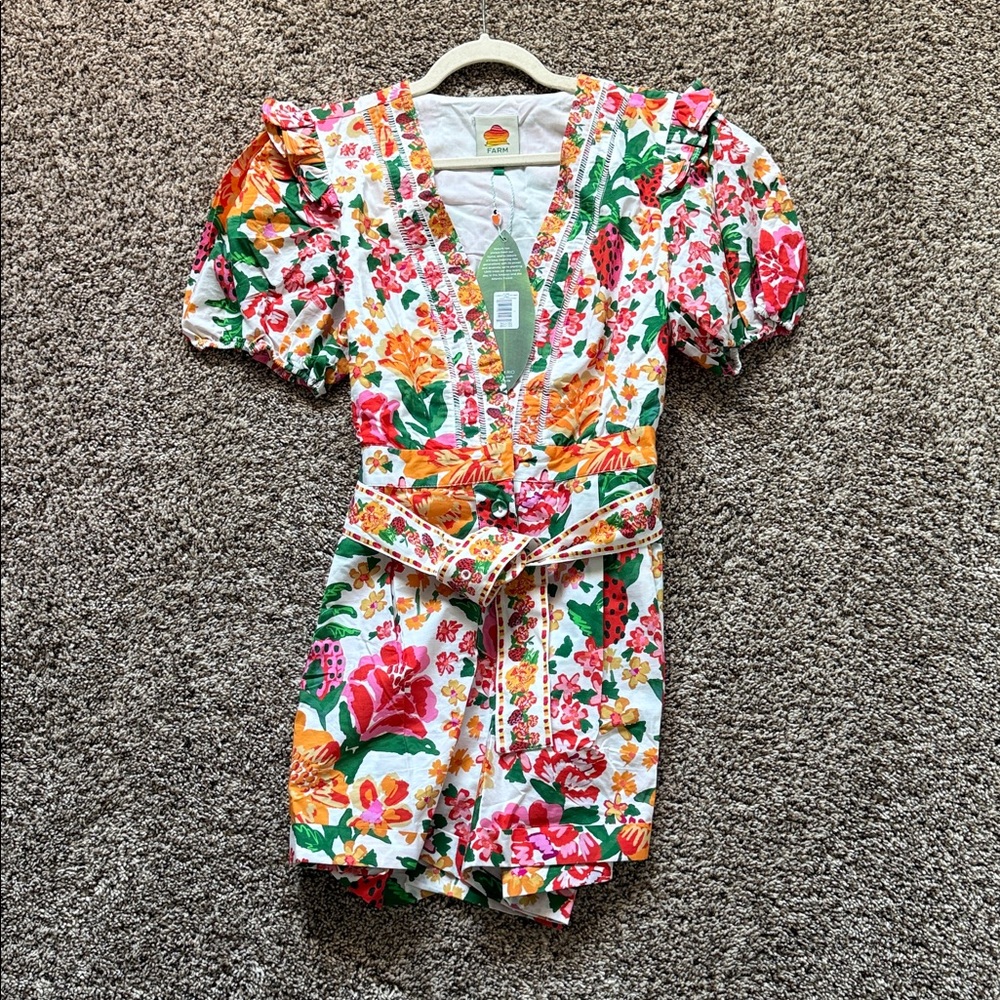 FARM RIO Romper L Floral Off-White Flowerful Sketch Belted NEW